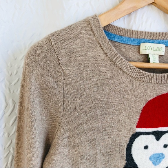 Lucy & Laurel Penguin Lambs Wool & Cashmere Blend Tan Holiday Christmas Sweater - Picture 2 of 12
